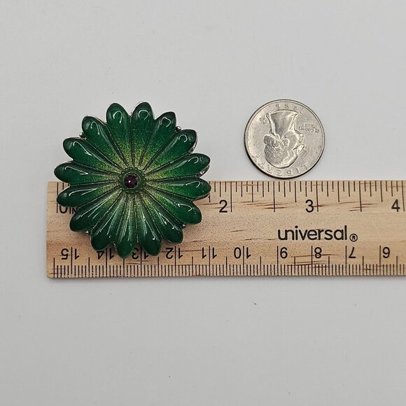 Vtg Green Floral Molded Glass Brooch Purple Rhinestone Silver Tone Pin Flower - Picture 9 of 9